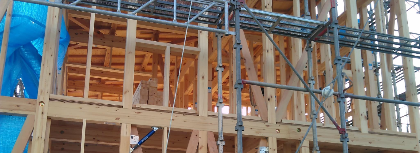 木造建築の骨組みと青空